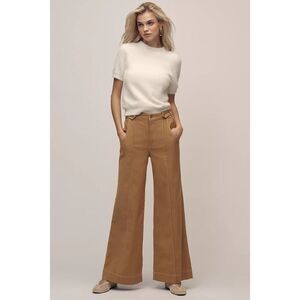 Anthropologie  Maeve Linen Cotton Contrast Stitch High-Rise Wide-Leg Pants 6